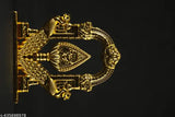 Golden Murugan metal Vel idol for car dashboard, intricately crafted Indian god figure on dash, 3.5cm x 9cm x 3cm