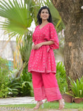 Trendy rayon gold printed kaftan set with palazzos, perfect for party wear and women's fashion. Rayon fabric, three-quarter sleeves