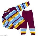 Purple striped woolen sweater set for boys and girls, long sleeves winter wear on display, sizes range from 6-12 months to 4-5 years, made in India