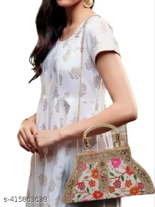 Colorful patterned women's fashion clutch, embroidery detail