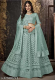 Mint green embroidered lehenga choli set with net fabric, semi-stitched (waist size 44in, length size 42in, dupatta length 2.25in), Indian handcrafted traditional attire