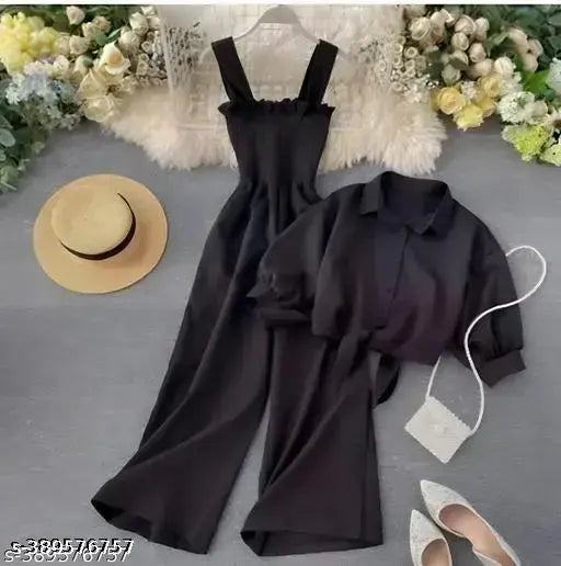 Black crepe 2-piece jumpsuit, solid design on mannequin with three-quarter sleeves, women's fashion from India