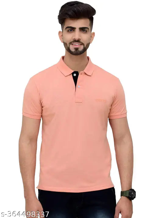3BROS Solid Polo Neck Short Sleeves Cotton Blend Pink Stylish Fashionable & Comfortable Trendy Graphic Mens T-shirts