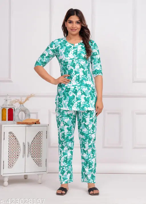 Rayon printed night suit for women, beautiful rayon pyjamas with three-quarter sleeves and a vibrant pattern, Indian-made women's nightwear on hanger