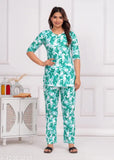 Rayon printed night suit for women, beautiful rayon pyjamas with three-quarter sleeves and a vibrant pattern, Indian-made women's nightwear on hanger