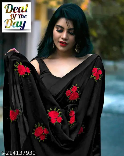 Woven Banarasi Silk Blend saree with red and black floral borders