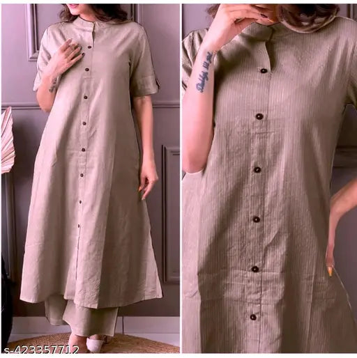 Pure cotton striped print front button kurta & palazzo set, summer wear - Indian traditional fashion