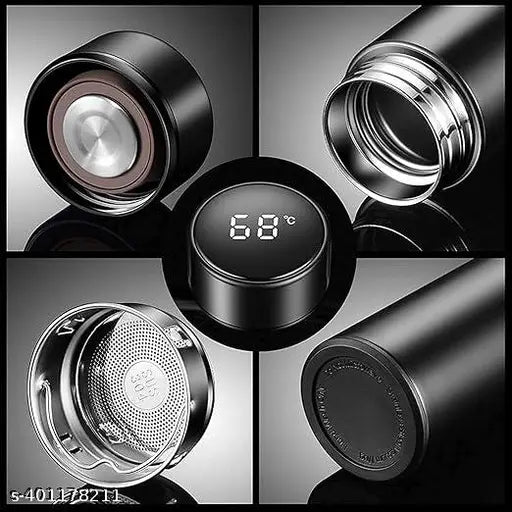 Matte black stainless steel water bottle with smart LCD touch screen, personalized & BIS/ISI certified, keeps cold 500ml
