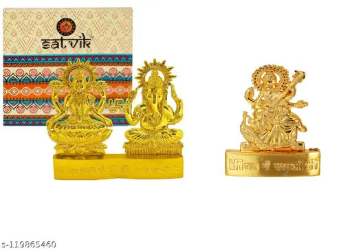 Gold plated Ganesh-Laxmi-Maa Saraswati idols, Indian decorative showpiece set - 7cm (Metal)