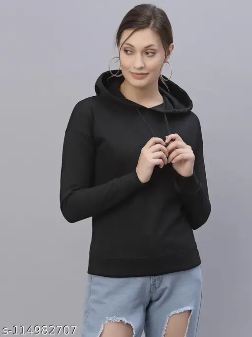 Black cotton hooded sweatshirt, solid black with relaxed fit and long sleeves, Style Quotient Women's hoodie for amazing attire, India-made