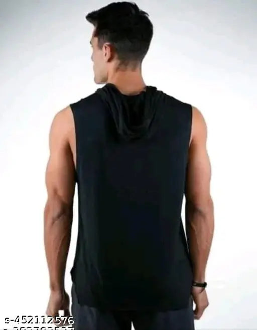 Men's sleeveless poly blend Sendo hoodie, printed net pattern, size M (38in chest, 27in length), made in India