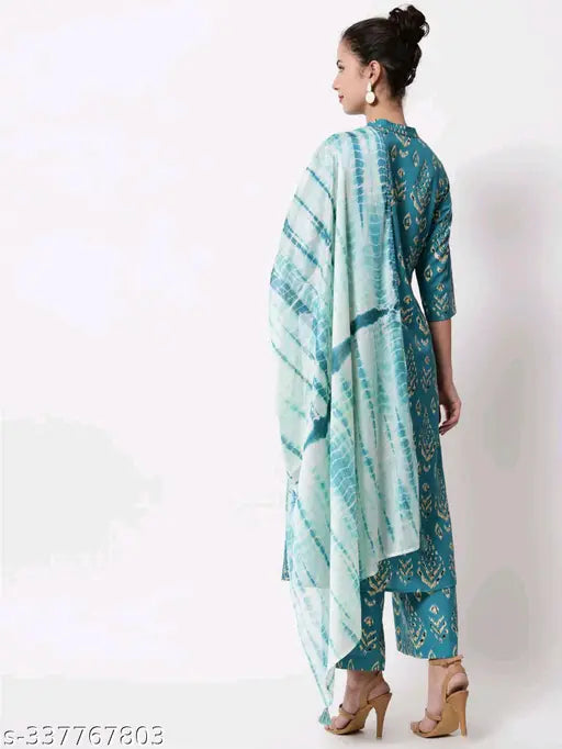 Stylish blue cotton kurta palazzo set with dupatta, printed and stitched for Indian festivities