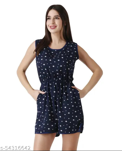 Navyblue Star printed crepe sleeveless knee-length jumpsuit for women, great for summer with side pockets and tie-up belt