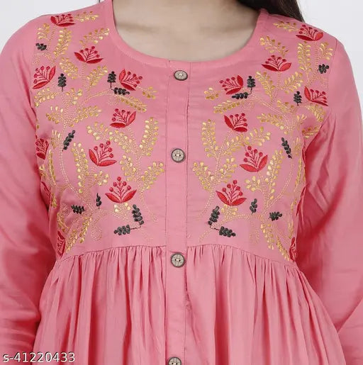 Peach rayon embroidered kurti with three-quarter sleeves, trendy women's fashion from India