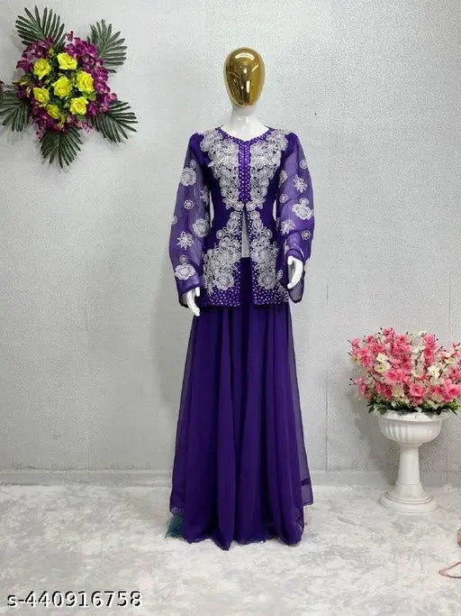 New Designer Wear embroidered Georgette kurta & palazzo set for heavy work, three-quarter sleeves, size XXL
