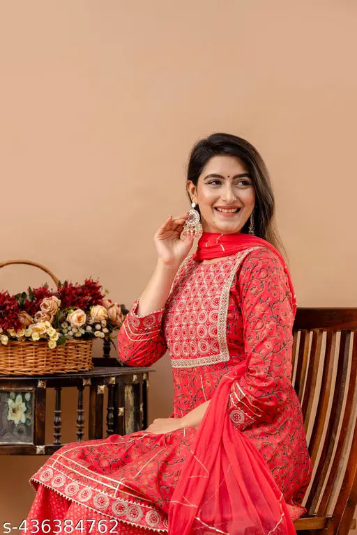 Red anarkali dress with dupatta and sharara set, Rayon fabric, embroidered gota work