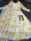 Yellow print georgette gown, long sleeves, floral combo. Single sizes: M (38in bust, 51in length), L (40in bust, 51in length), XL (42in bust, 51in length), XXL (44in bust, 51in length). Indian-made celebratory dress with matching dupatta