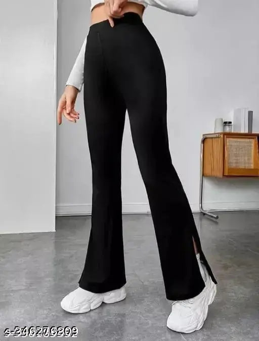 New trendy women trousers - black leggings with flared legs and elastic waist