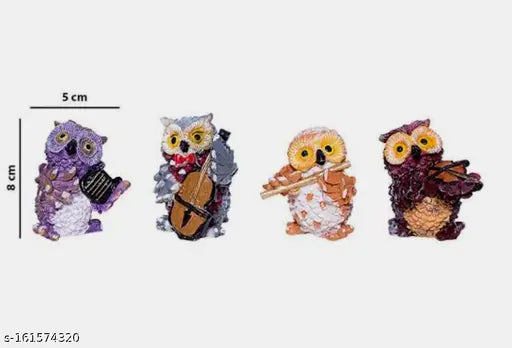 Poly resin musical owl set: 4 unique pieces playing guitar, violin, flute, and accordion. Hand-painted, weather-resistant orchestra owl family for home decor