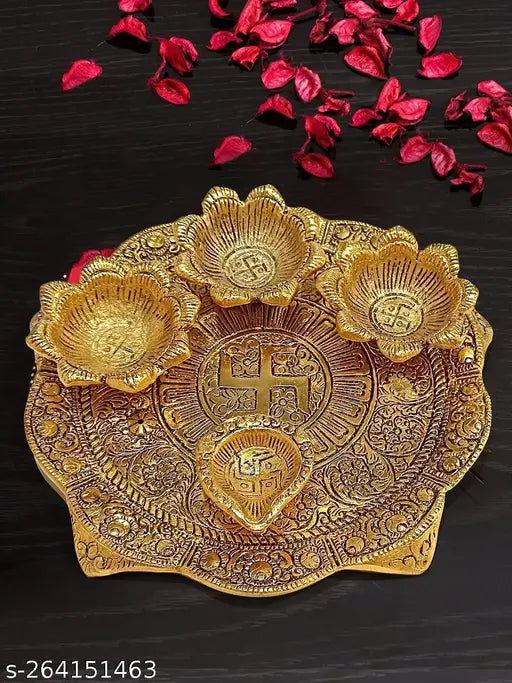 Metal Badhi Puja thali with 4 diya, gold-plated, Indian handicraft for temple, home, or office decoration
