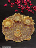 Metal Badhi Puja thali with 4 diya, gold-plated, Indian handicraft for temple, home, or office decoration