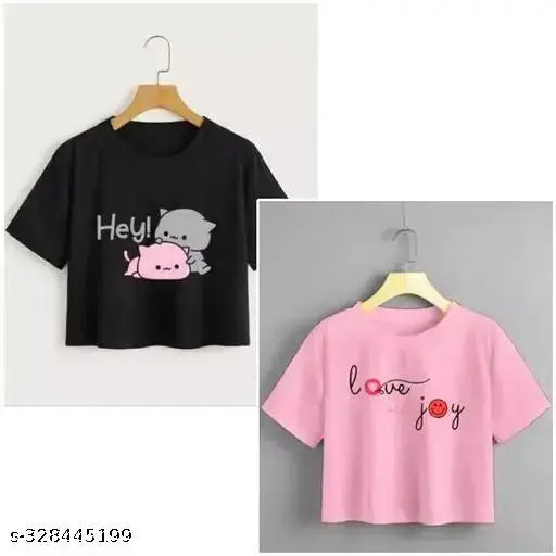 Pink cotton blend women's T-shirt pack (2), featuring Love Joy & Hey print, short sleeves, and lightweight for summer