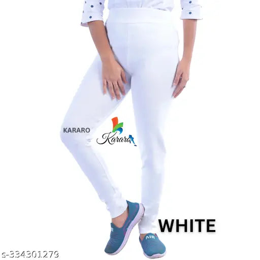 Cotton blend solid-colored women's jeggings, lightweight and stylish, available in sizes 26, 28, 30, 32, 34, free size. Indian-made cotton lycra rib fabric