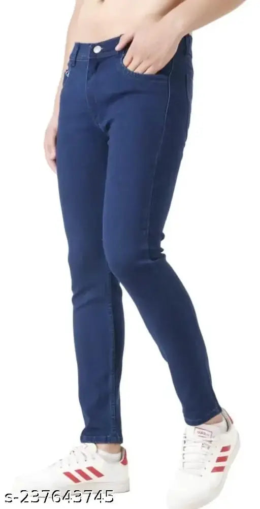 Dark blue stretchable denim men's slim fit jeans, high-quality fabric with excellent finishing