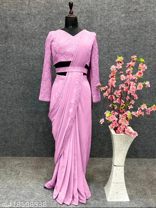 Fancy embroidered sequin chiffon saree, premium fabric with zari woven border and matching belt, free size, India origin