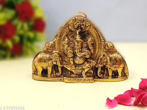 Metal Ganesha statue with elephants, Indian decorative wall hanging showpiece