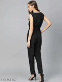 Black sleeveless jumpsuit for women, black on mannequin with XS size measurements visible