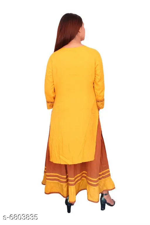 Yellow embroidered rayon slub kurta with sharara
