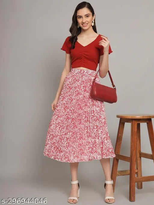 Red printed pleated mid-length skirt with elastic waistband for casual wear