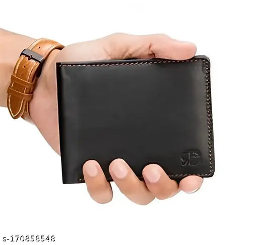 Leather men's wallet with 5 compartments, includes 3 pockets, 1 zip money holder, 4 car holders, and 1 photo holder. Solid pattern, free size (11cm x 4cm). Made in India