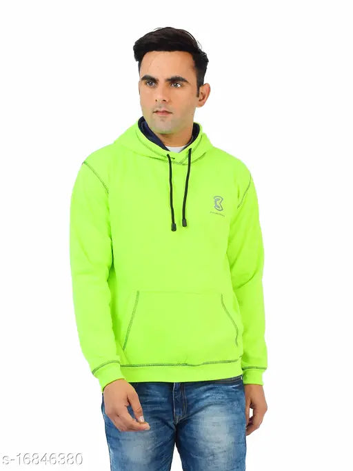 Neon green cotton blend men's sweatshirt with kangaroo pocket and hoodie - CKHD03-02, full sleeve design