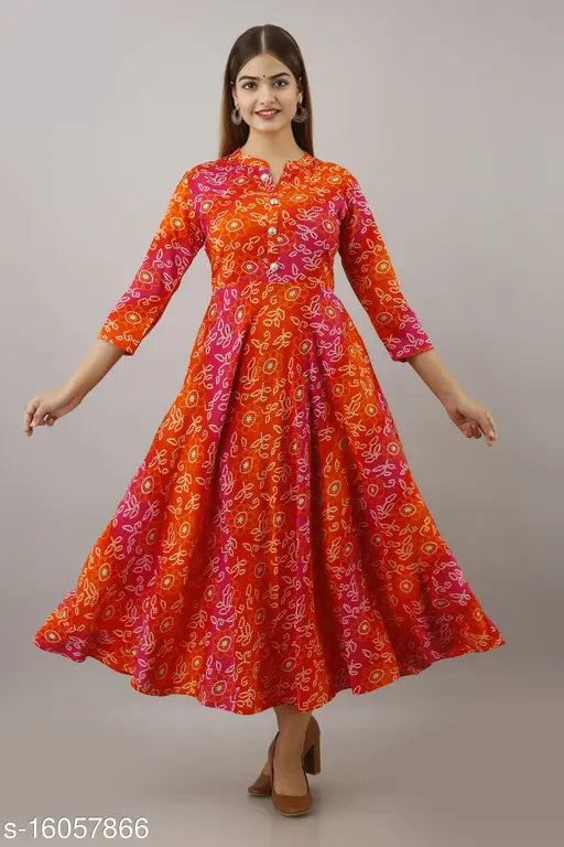 Orange rayon Anarkali embellished kurti with three-quarter sleeves and printed combo, women's fashion clothing from India