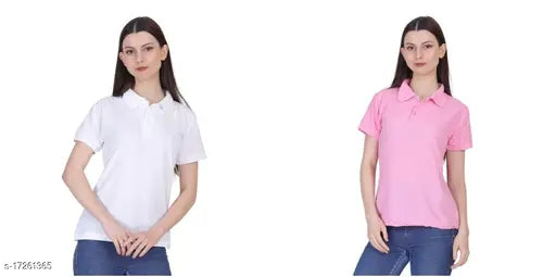Cotton blend polo shirt combo for girls/women (L, XL), solid color, short sleeves