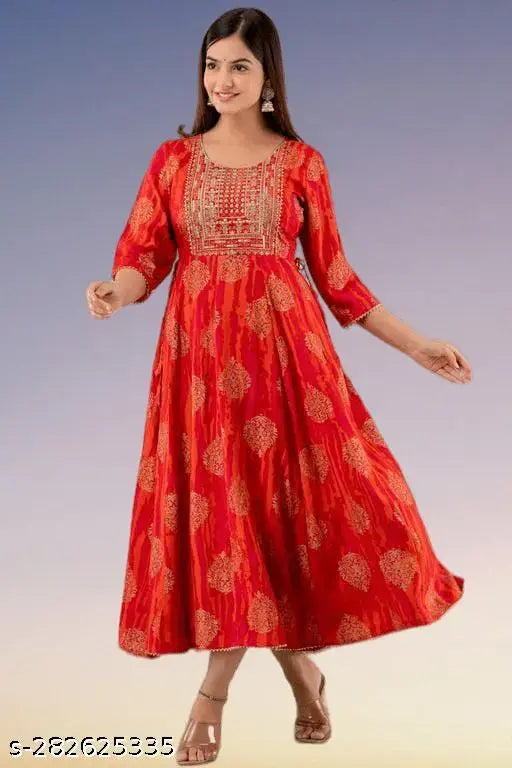 Orange rayon anarkali kurti with gold prints, three-quarter sleeves, Indian workwear fashion