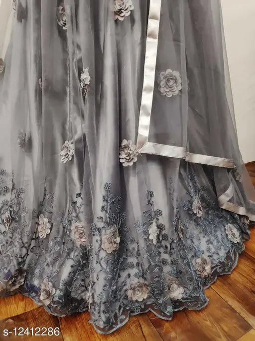 Silk and net petite lehenga with embroidered dupatta, semi-stitched (42m waist, 42m length), Indian traditional wear