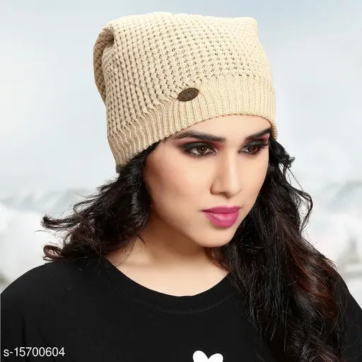 Beige knit cap, slouchy style, thick material, suitable for winter sports
