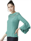 Green viscose rayon A-line top with three-quarter sleeves, solid design for women, XS to XXL sizes available from India