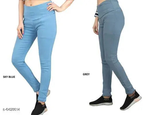 Denim skinny fit high waist elastic jeggings, solid skyblue-grey for women - pack of 2