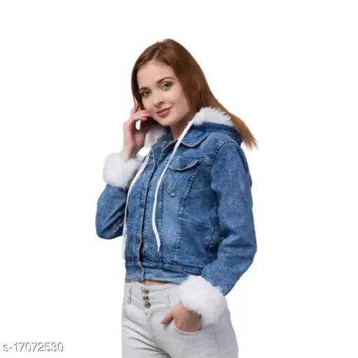 Denim waistcoat, self-design net pattern, long sleeves, urban modern style for women, size options available