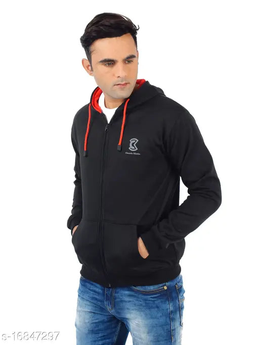 Black cotton blend men's sweatshirt, full sleeve with kangaroo pocket and hoodie, CKHD04-04 [India-made]