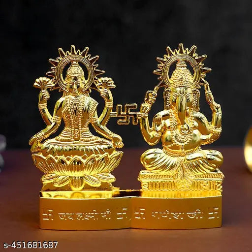 Gold-plated metal Laxmi Ganesh Ji idol (25in), modern Indian home decor with antique touch
