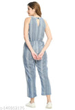 Sky Blue & White Multicolor Striped Crepe Jumpsuit, fashionable party wear with ruffled sleeves and belted waist on model