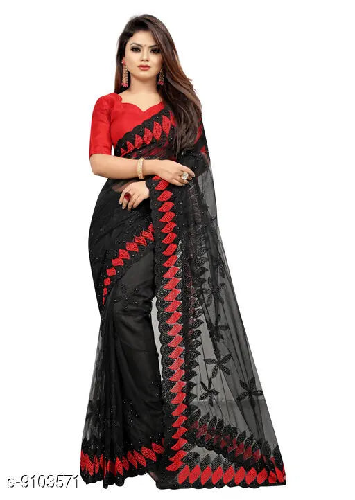 Trendy net saree with embroidered blouse, single free size Indian designer fashion