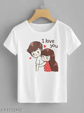 White cotton blend half sleeve 'I Love You 3' men's t-shirt with printed design, casual wear by Satrangi