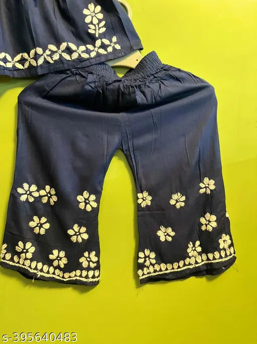 Bright, embroidered Lucknowi Chikankari Rayon Kurti & Sharara set for girls aged 1-10, Indian ethnic wear