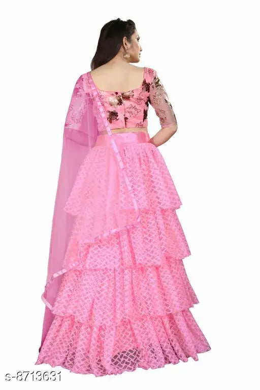 Golden-embroidered organza lehenga with net bottomwear and dupatta, Indian bridal wear